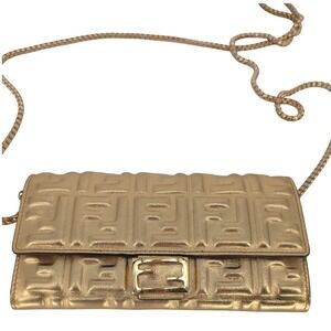 Fendi Baguette Continental Chain Wallet Gold Metallic FF Embossed Luxury Clutch